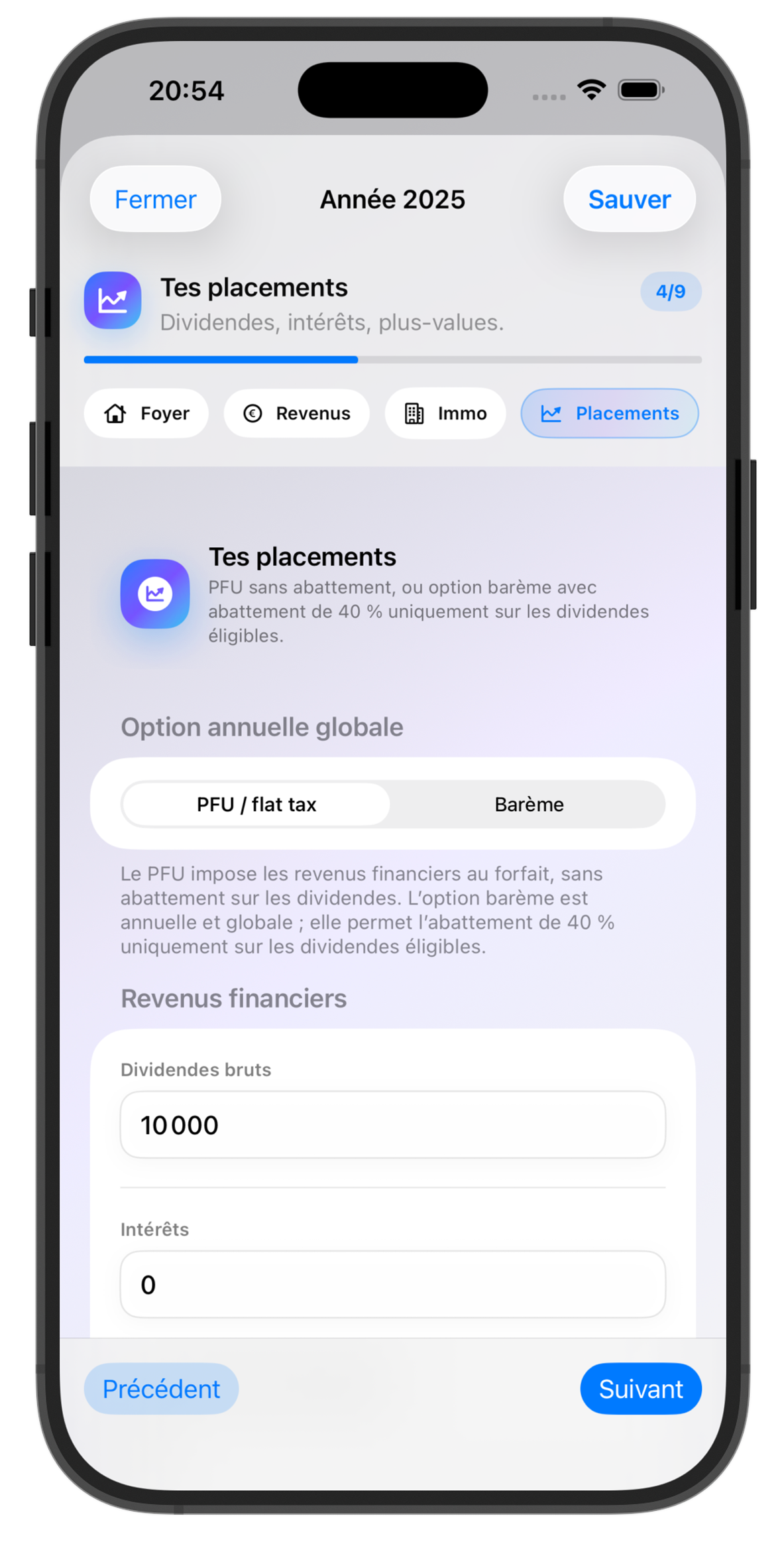 Configuration des placements dans TonImpôt