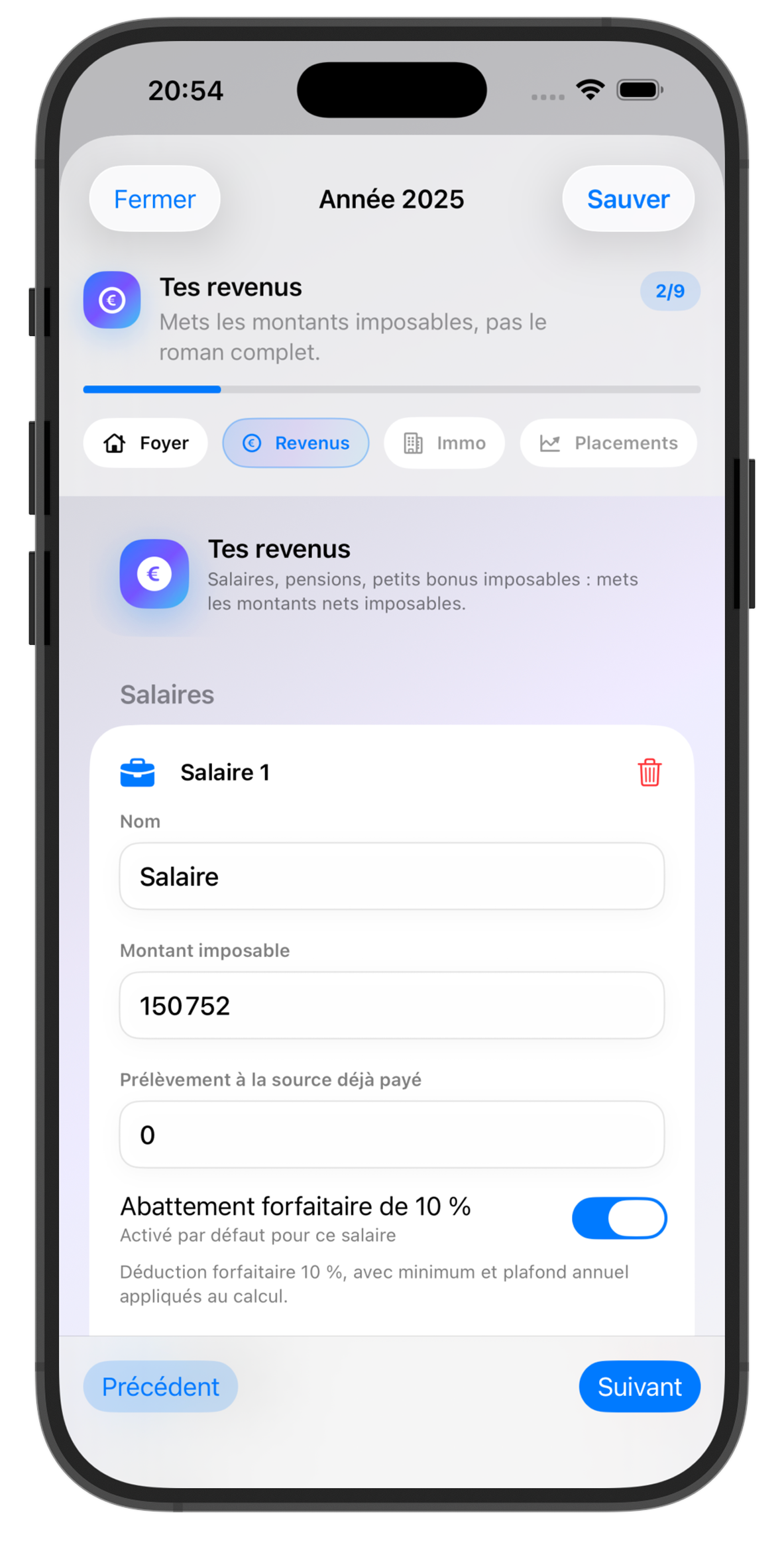 Configuration des revenus dans TonImpôt